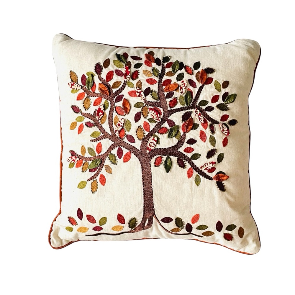 Pier 1 Imports Tree of Life Beaded Embroidery Rust Green Throw Pillow Home Decor - Picture 2 of 10